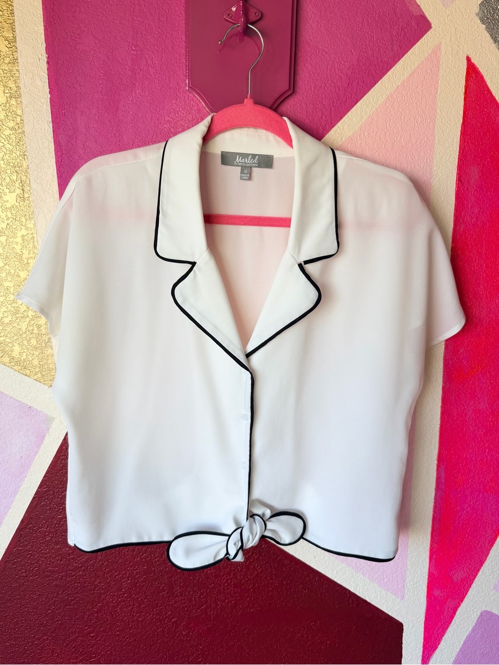 Marled Reunited Cropped Tie Front Blouse Sz M Ivory Black Piping Pajama Style